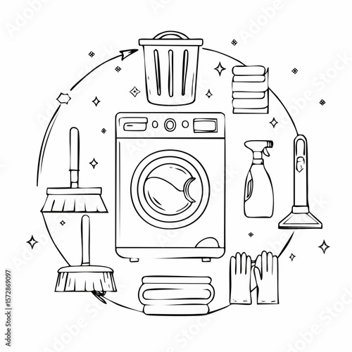Set of outline doodle cleaning equipment. Washing machine, household chemicals, vacuum cleaner, towel, brush and gloves. Hand drawn laundry vector illustrations. Housework icon ...
