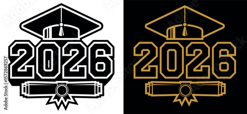 Lettering Class of 2026 for greeting, invitation card. Text for graduation design, congratulation event, T-shirt, party, high school or college graduate. Illustration, vector on transparent and black 
