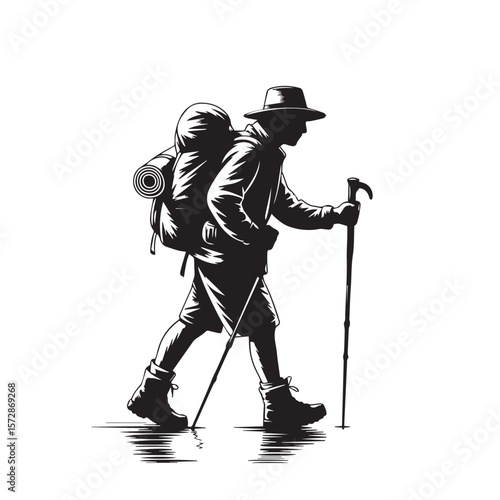 A lone hiker, silhouetted against a pristine white background, embarks on a journey through a mountainous terrain, his determination evident in his steady stride