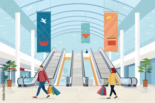 Vector illustration of a modern indoor mall with high ceilings and escalators.