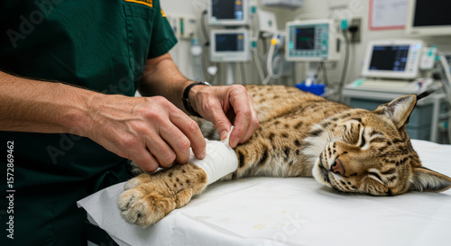 A veterinarian bandages the paw of a sleeping wild lynx. Concept of providing medical care to defenseless wild animals.