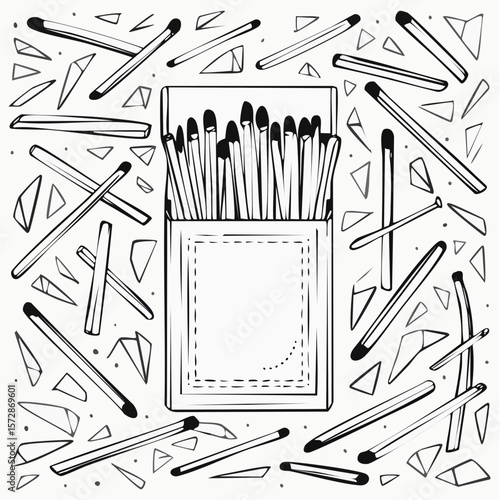 Doodle drawing of retro matchbox. Hand drawn line art matches in a box. Outline vector illustration