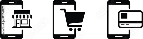 Mobile commerce icon set, smartphone with shop symbol, digital shopping cart, online payment method illustration, e-commerce design vector, black silhouette concept, secure transaction interface