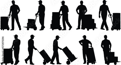 Silhouettes of delivery workers pushing hand trucks with boxes, cargo transportation, logistics service staff, courier job illustration, shipping industry, freight handling, warehouse work icon