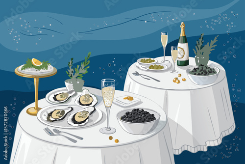 A sophisticated vector illustration of fine dining seafood, featuring exquisite oysters and glistening caviar.