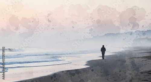 Soft, melancholic watercolor of a solitary figure by the beach in twilight fog, filled with emotion and peaceful sorrow.