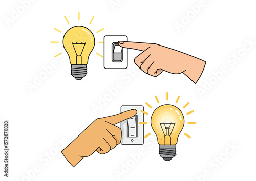 Two illustrations of hands flipping light switches each with a lit bulb