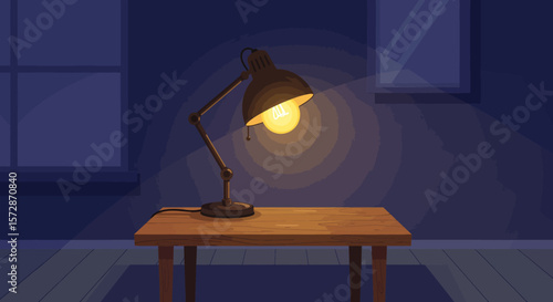 Desk lamp illuminates a wooden table in a dimly lit room
