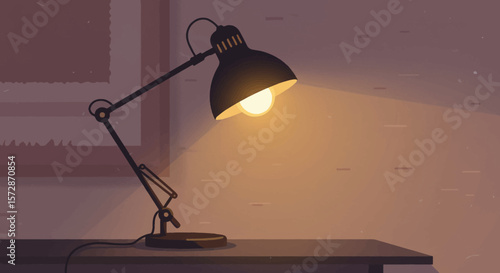 A lit desk lamp casts a warm glow on a table