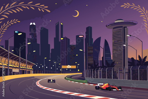 Vector illustration of Singapore GP night race with illuminated city skyline and track.
