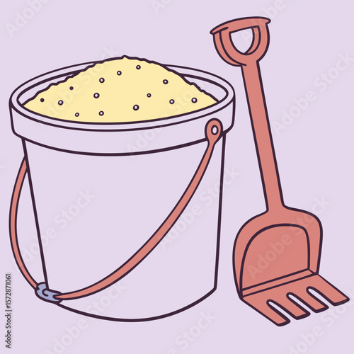 Beach Toys Vector – Playful Illustration of Purple Sand Bucket Filled with Yellow Sand and Red-Orange Rake on Light Background for Summer, Childhood, Vacation, and Outdoor Play Concepts

