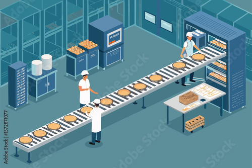 Vector illustration of a bakery with a baker and conveyor belt.
