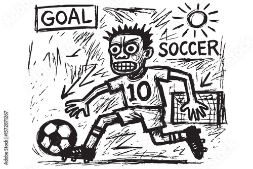 A black and white soccer vector shows a player kicking the ball, outlined in black, symbolizing energy, motion, and competitive sportsmanship.

