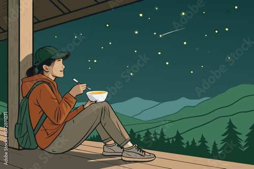 A lone vector traveler enjoys a rice bowl amidst a scenic mountain landscape.