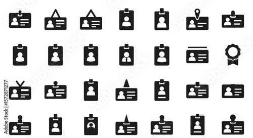 Set of Vector Icons Collection of Black and White ID Badges with Various Designs and Styles. Vector Illustrations. EPS Editable