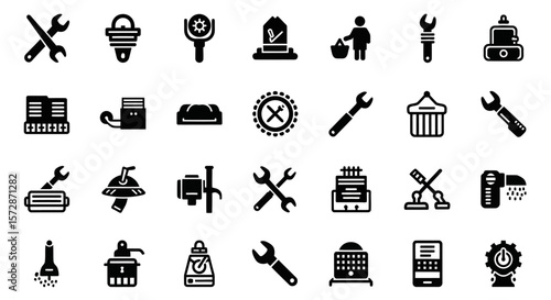 Set of Vector Icons Collection of Black and White Mechanical and Industrial Icons. Vector Illustrations. EPS Editable