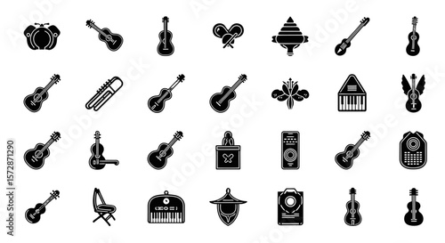 Set of Vector Icons Collection of Black and White Musical Instruments and Objects Icons. Vector Illustrations. EPS Editable
