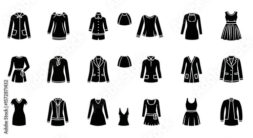 Set of Vector Icons Collection of Black Clothing Silhouettes Dresses Jackets and Tops. Vector Illustrations. EPS Editable
