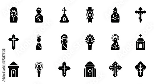 Set of Vector Icons Collection of Black Christian Religious Icons and Symbols on White Background. Vector Illustrations. EPS Editable