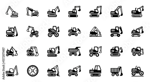 Set of Vector Icons Collection of Black Excavator Icons Representing Construction and Heavy Machinery. Vector Illustrations. EPS Editable