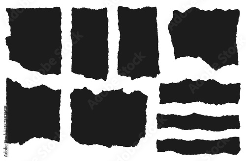 Set of black torn paper pieces with rough edges isolated on transparent background. Grunge ripped paper silhouettes