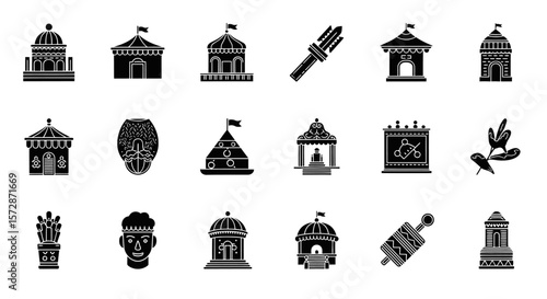 Set of Vector Icons Collection of Black Silhouette Icons Depicting Various Structures Objects and Symbols. Vector Illustrations. EPS Editable