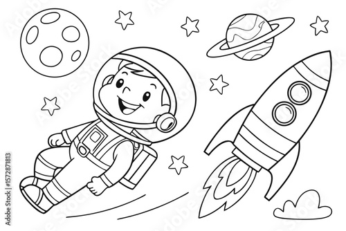 Line art of a smiling astronaut floating near a rocket and planets, coloring page for kids, black and white vector, child-friendly design