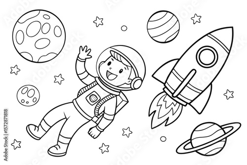 Line art of a smiling astronaut floating near a rocket and planets, coloring page for kids, black and white vector, child-friendly design