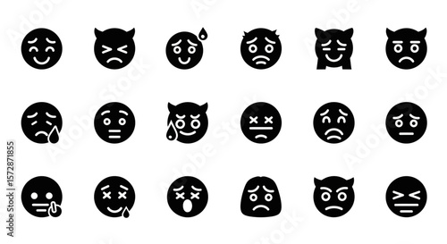 Set of Vector Icons Collection of Diverse Black Emojis Displaying Various Facial Expressions and Emotions. Vector Illustrations. EPS Editable