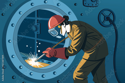 Vector illustration of industrial welding in a submarine interior.