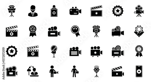 Set of Vector Icons Collection of Filmmaking and Movie Production Icons Clapperboard Cameras Awards and Director. Vector Illustrations. EPS Editable