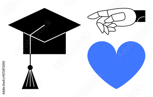 Robotic hand reaching out, black graduation cap, and blue heart representing innovation, education, compassion, and growth. Ideal for education, AI, future technology unity robotics inspiration