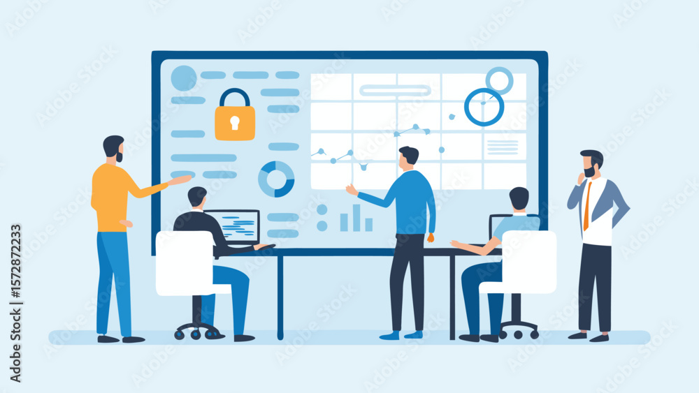 Team analyzing data on a large screen with security lock and various charts in a business setting room Team analyzing data on a large screen with security lock and various charts in a business setting room