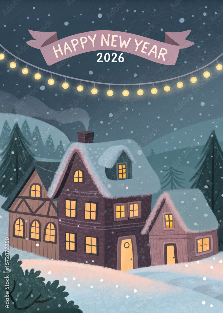 Fototapeta premium Snowy Village Scene Illustration with Lights and Typography 