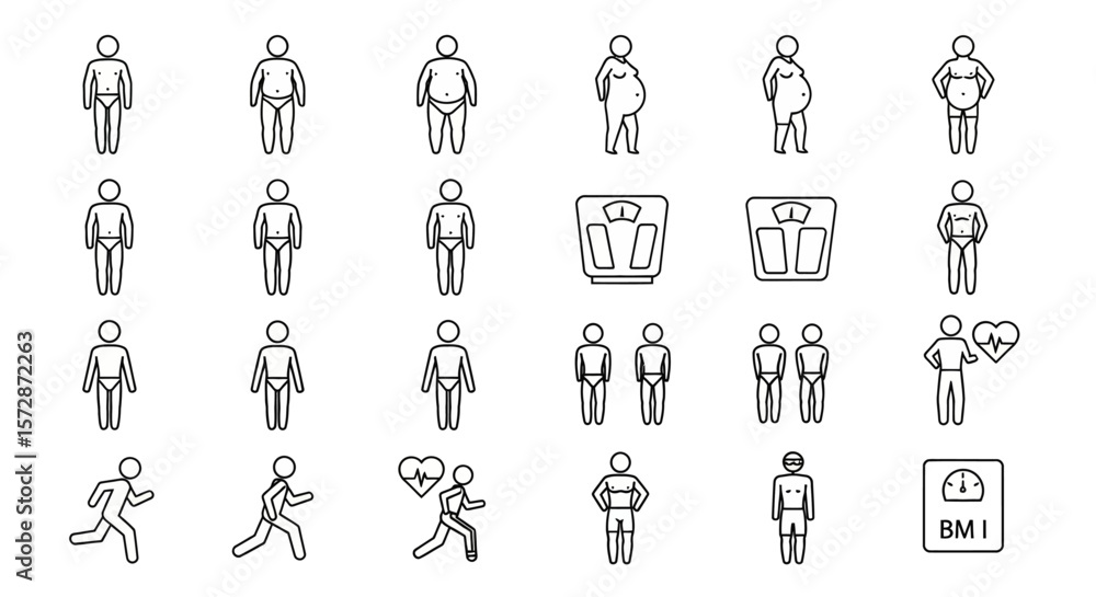 Weight Loss, Diet, and Healthy Lifestyle Line Icon Set Weight Loss, Diet, and Healthy Lifestyle Line Icon Set
