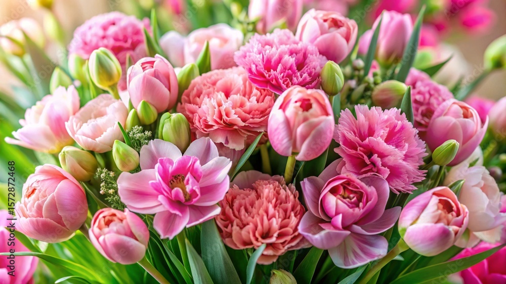 Obraz premium Close-up of Pink Tulips and Carnations Bouquet