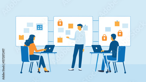 Illustration of a presentation with three people, laptops, sticky notes and security icons on boards