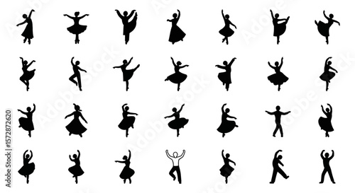 Set of Vector Icons Diverse Ballet Dancers in Dynamic Poses. Vector Illustrations. EPS Editable