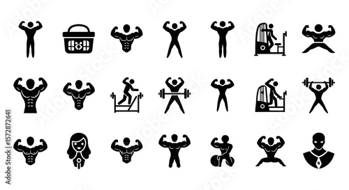 Set of Vector Icons Diverse Fitness Icons Featuring Muscular Figures in Various Exercises. Vector Illustrations. EPS Editable