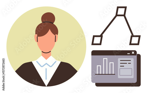 Woman in formal attire situated beside a flowchart and data graph. Ideal for business, analytics, management, education, workflow, planning, organization. Simple flat metaphor