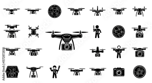 Set of Vector Icons Various Drone Icons with Operators and Accessories. Vector Illustrations. EPS Editable