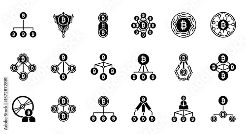 Set of Vector Icons Bitcoin Network Structures Black and White Cryptocurrency Connection Icons. Vector Illustrations. EPS Editable
