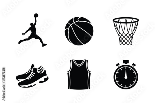 Basketball player dunking ball hoop shoes jersey stopwatch vector