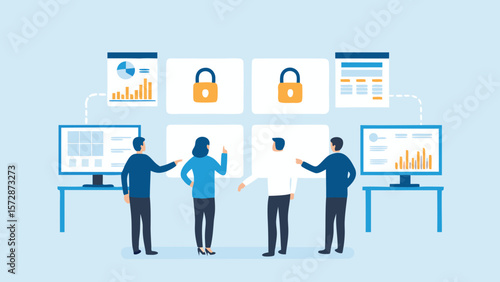 Four people discussing data security with graphs and lock icons on screens in a light blue setting