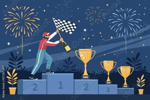 A vector stylized illustration of a Formula 1 podium celebration with champagne.