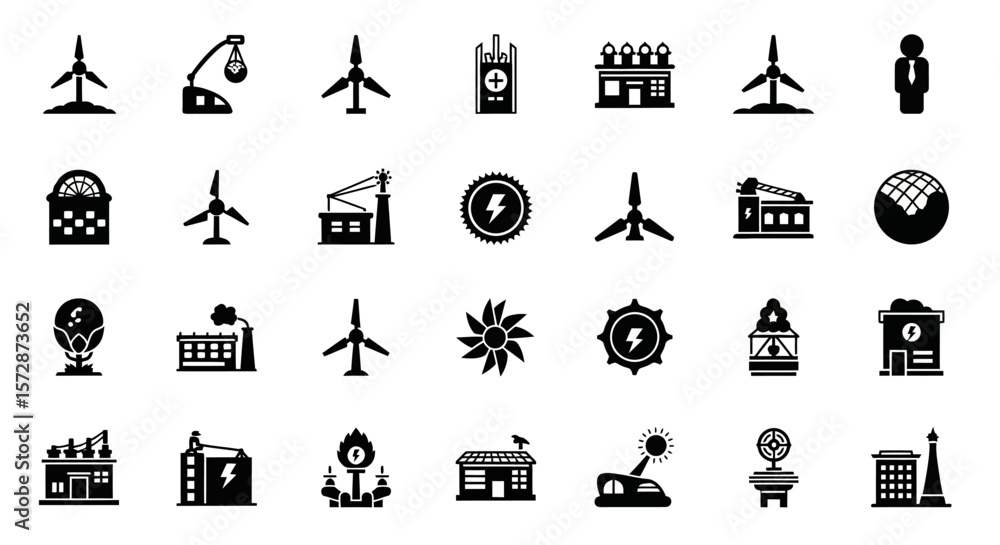 Fototapeta premium Set of Vector Icons Black Silhouette Icons of Energy Industry and Sustainability Elements. Vector Illustrations. EPS Editable