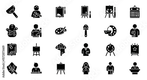 Set of Vector Icons Black Silhouette Art and Creativity Icons Set Painting Drawing Easel Palette. Vector Illustrations. EPS Editable
