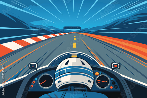 A vector-stylized, blurred, speed-effect view from a helmet camera perspective.