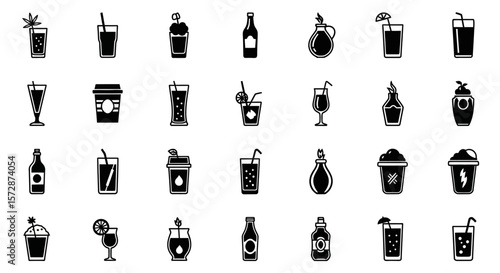 Set of Vector Icons Collection of Black and White Drink Icons Diverse Beverages in Various Glassware and Bottles. Vector Illustrations. EPS Editable