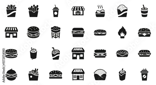 Set of Vector Icons Collection of Black and White Fast Food Icons. Vector Illustrations. EPS Editable